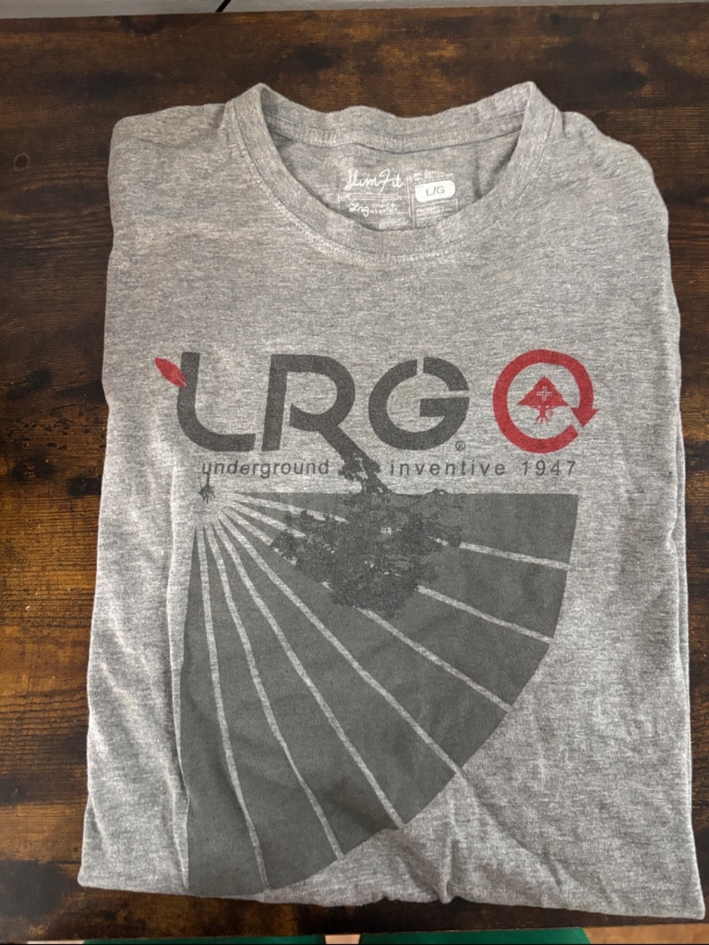 LRG Gray Short Sleeve Graphic Tee with Red Logo Accent